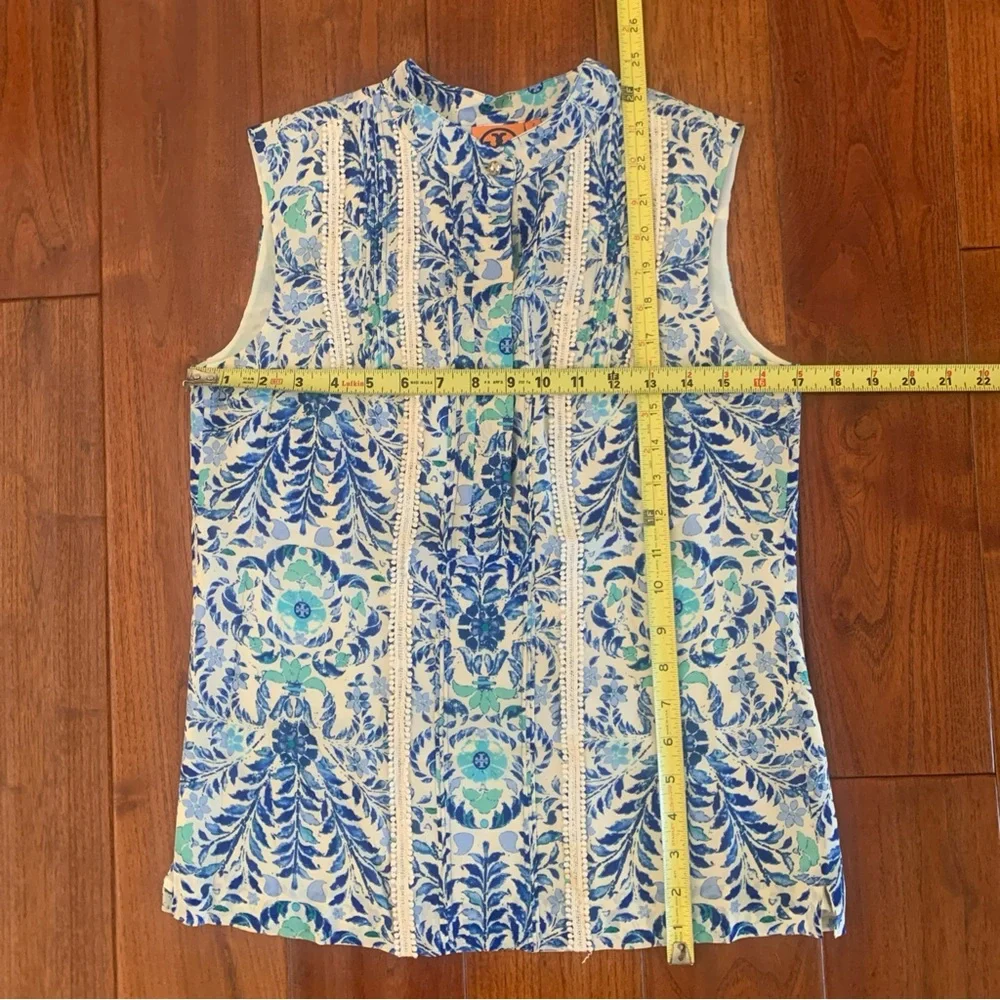Tory Burch Top Size 2 Silk Floral Print Pompom Trim Button Up Blouse Blue White